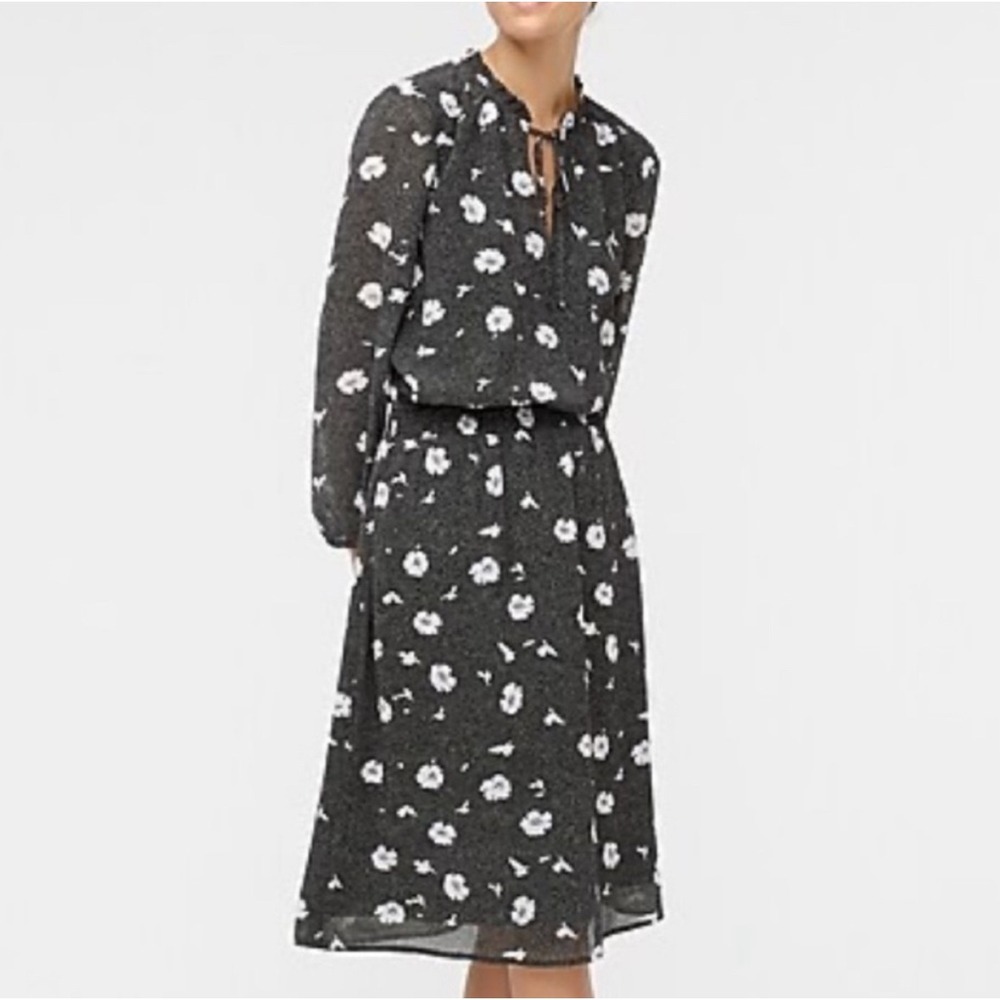 J. Crew Long-Sleeve Printed Tie-Neck Midi Dress Size Medium